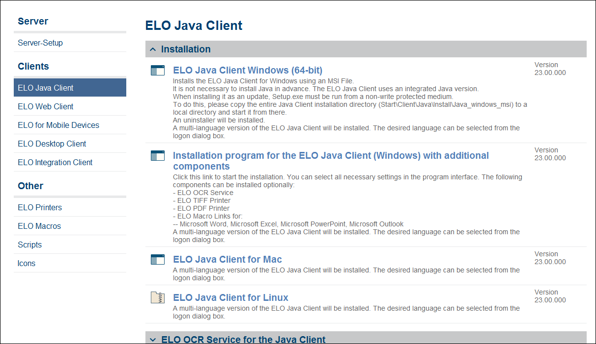 'ELO Java Client' page