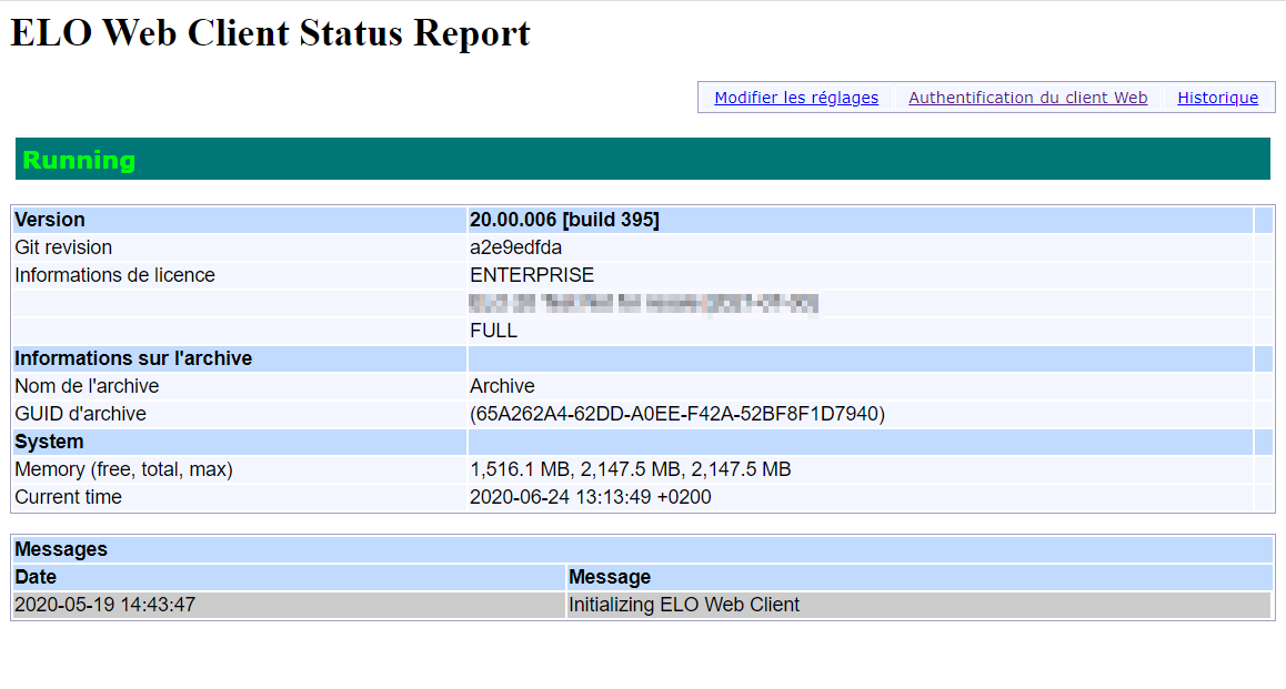 Client Web ELO; page de statut