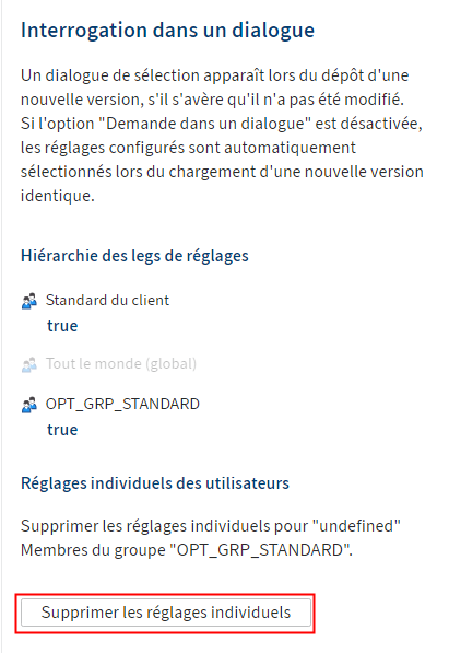 Configuration du client Web ELO, hiérarchie de leg des réglages; supprimer les réglages individuels