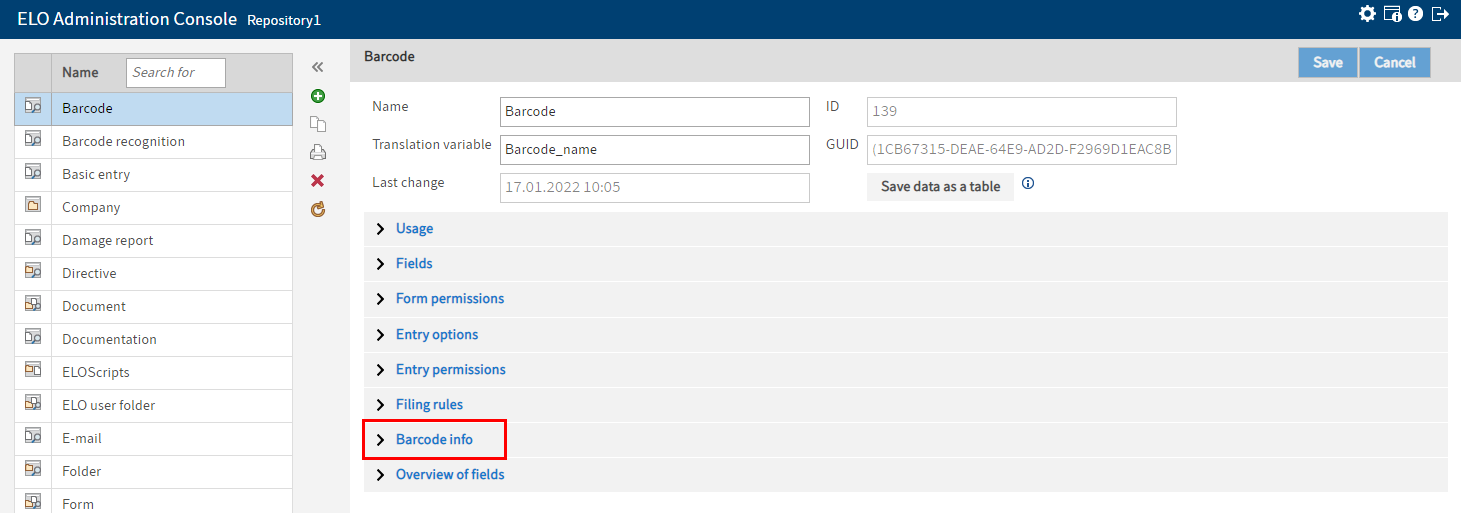 'Metadata forms and fields' area of the ELO Administration Console