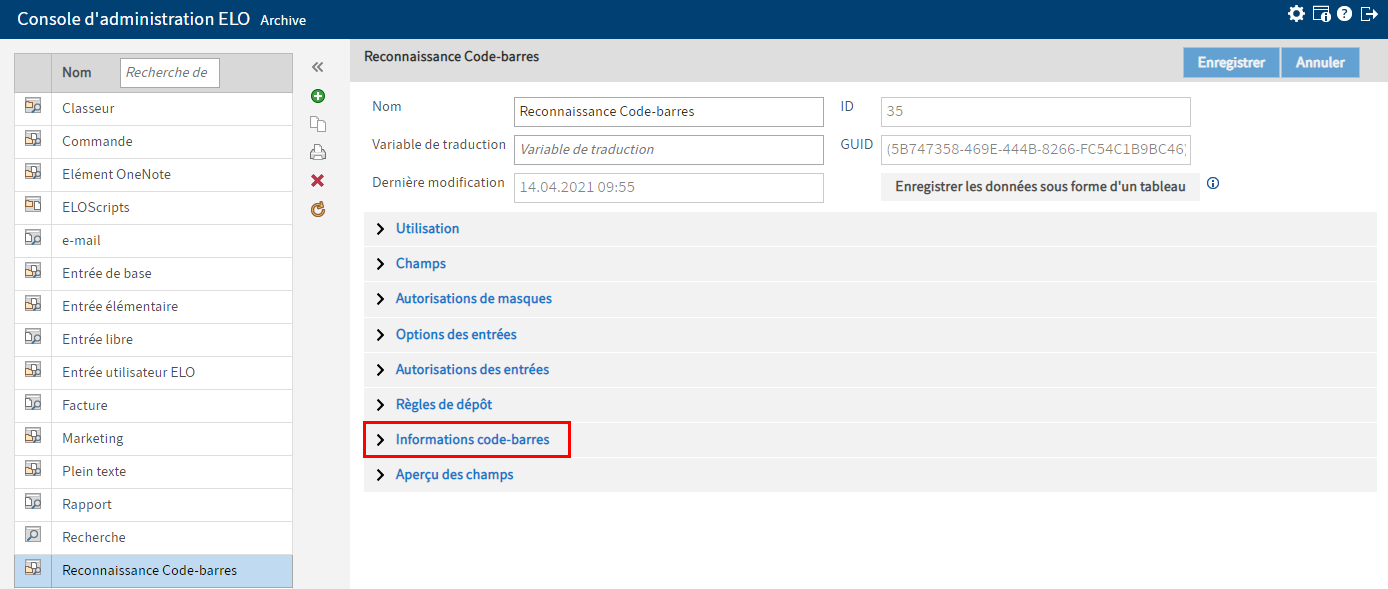 Section 'Masques et champs' dans la console d'administration ELO