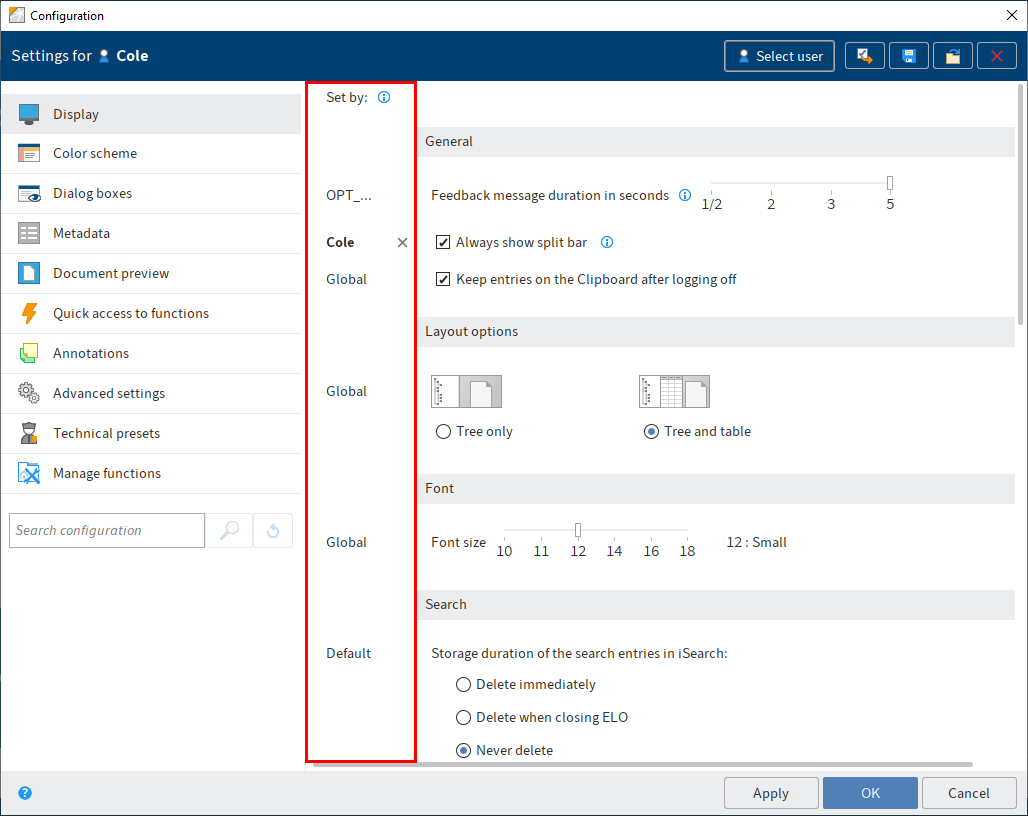 'Set by' column with the user name 'Edwards' and X icon for the option 'Always show split bar'