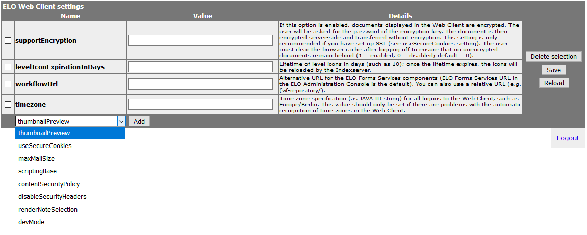 ELO Web Client settings with different options