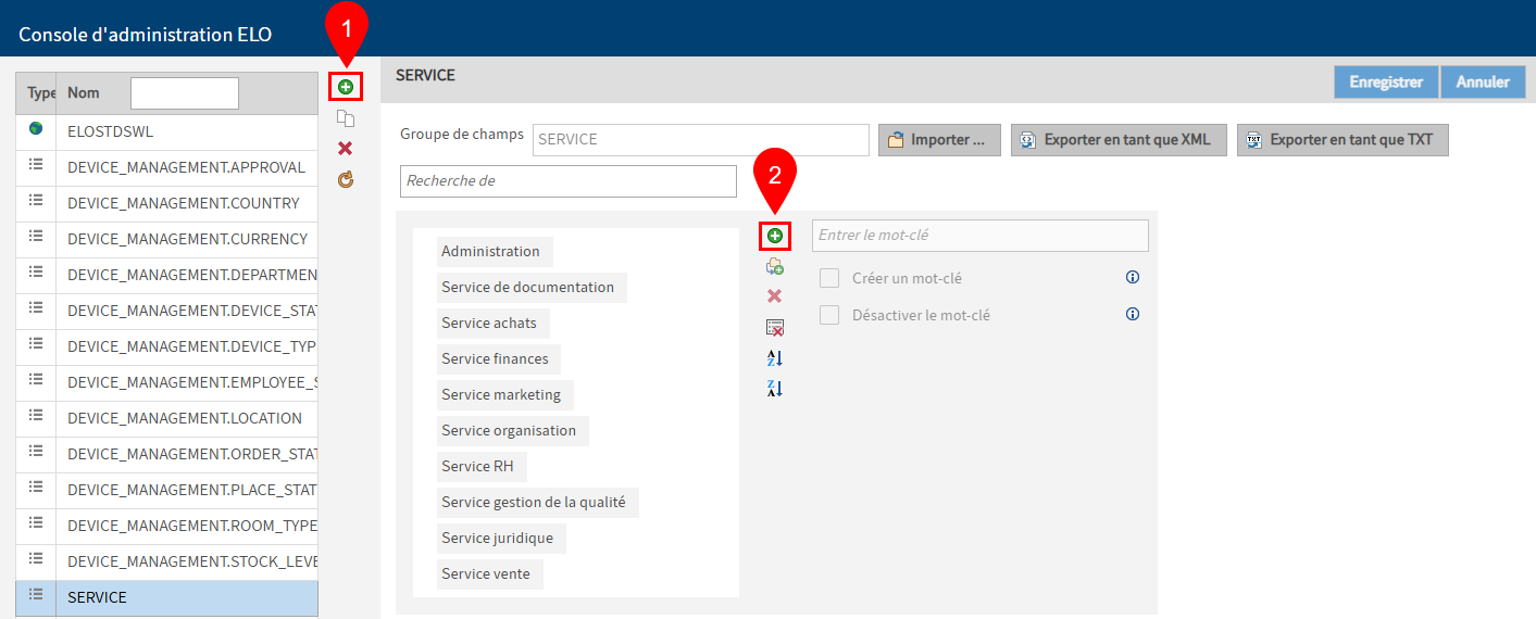 Section 'Listes de mots-clés'