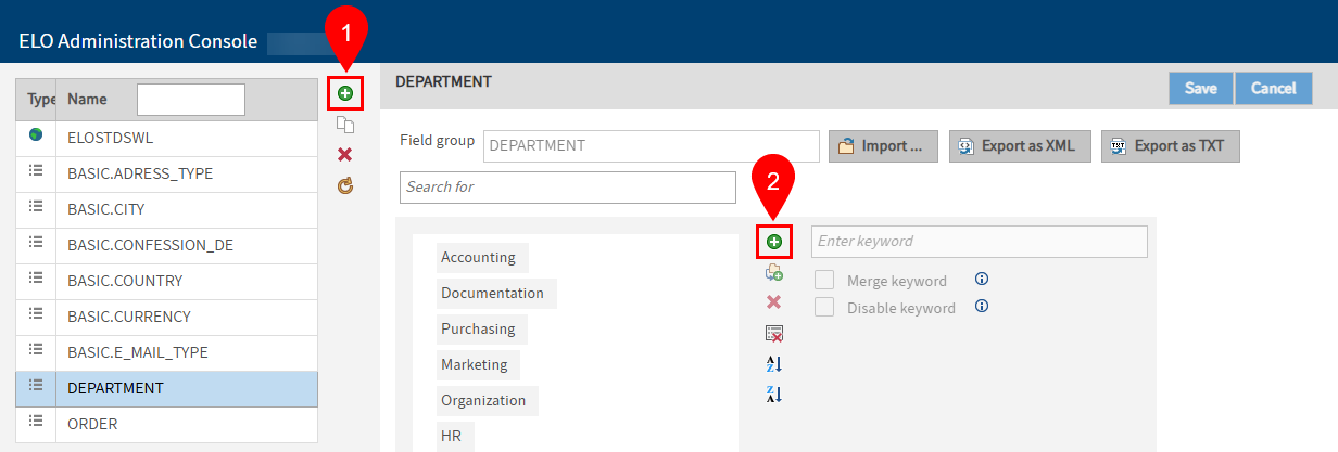 'Keyword lists' area