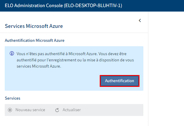 ELO Azure Administration; bouton 'Authentifier'