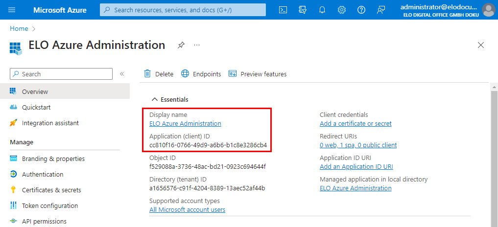 Azure app overview, with the 'Display name' and 'Application ID (client)' fields selected