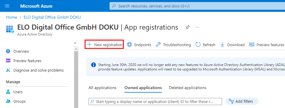 'App registrations' area; 'New registration' button