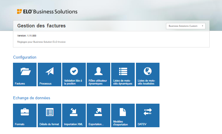 Page de configuration pour la ELO Business Solution 'Invoice'