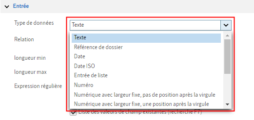 Champ 'Type de données'