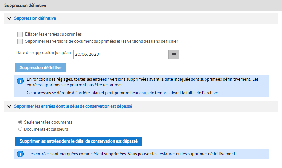 Point de menu 'Suppression définitive'