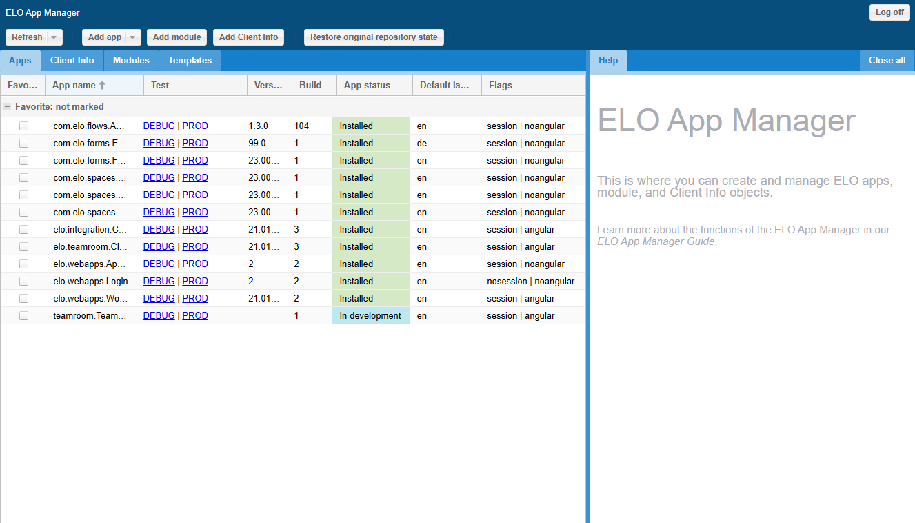 'ELO App Manager' page