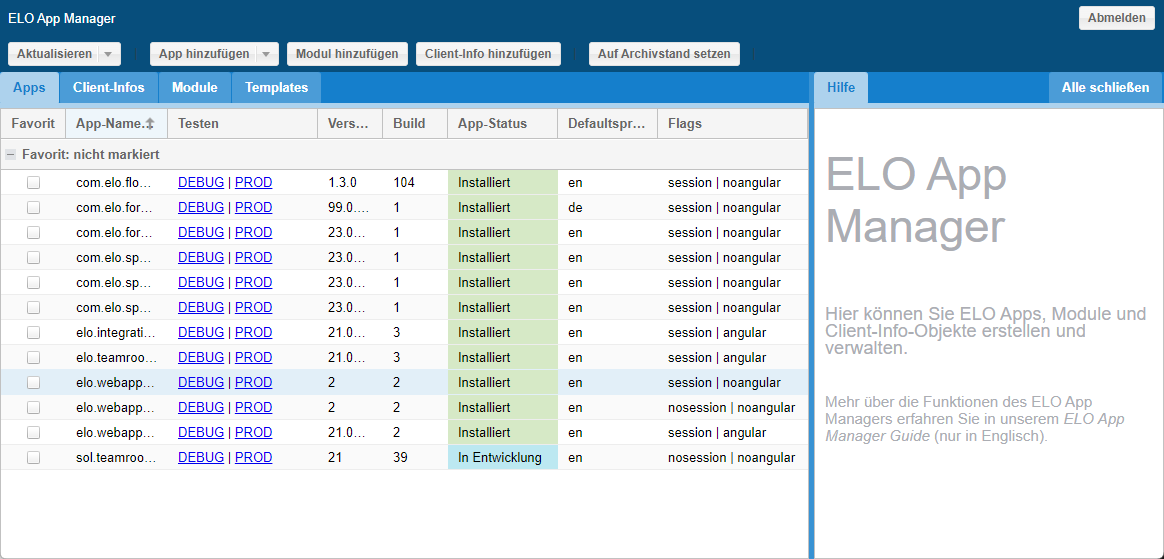 Seite 'ELO App Manager'
