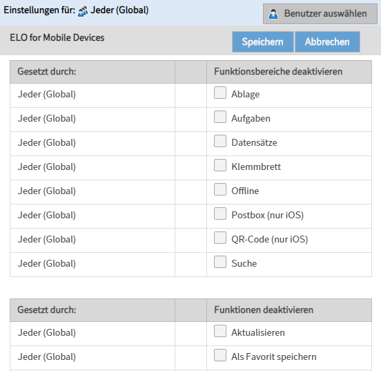 Menüpunkt 'ELO for Mobile Devices'