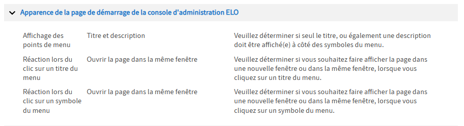 Configuration - réglages concernant l'apparence de la page de menu de la console d'administration ELO