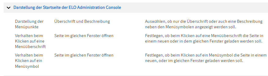 Konfiguration; Einstellungen zur Darstellung der Menüseite der ELO Administration Console