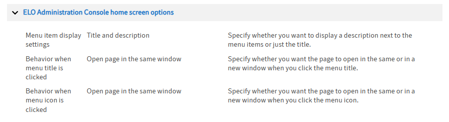 Configuration; ELO Administration Console home screen options