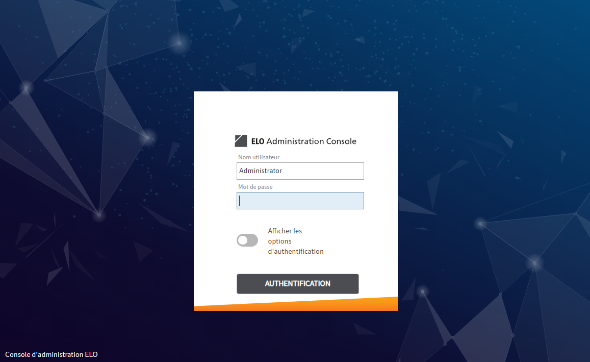 Page d'authentification de la console d'administration ELO