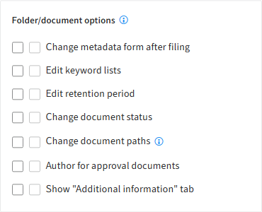 User rights; 'Folder/document options' section