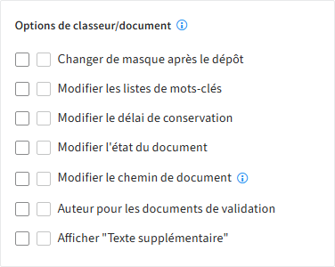 Droits utilisateur, section Options classeur/document