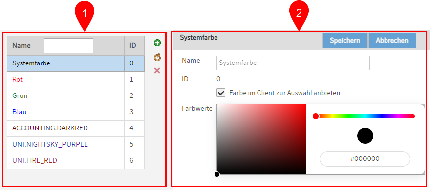 Menüpunkt 'Schriftfarben'