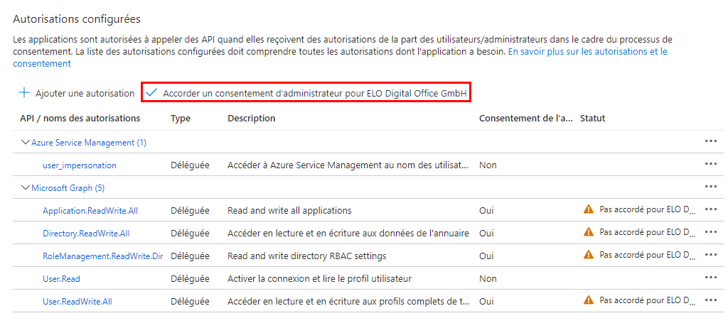 Section 'Autorisations configurées'; bouton pour assigner le consentement de l'administrateur