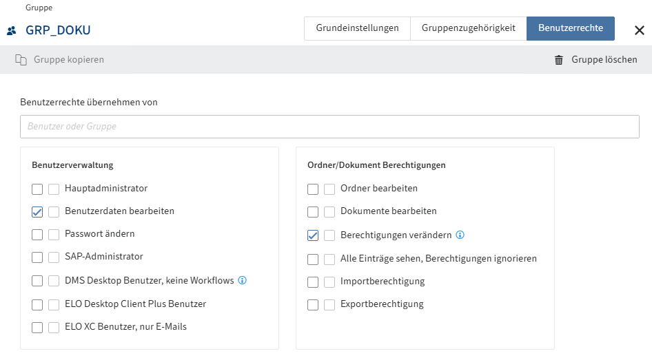 Übersicht der Konfigurationsmöglichkeiten im Tab 'Benutzerrechte'