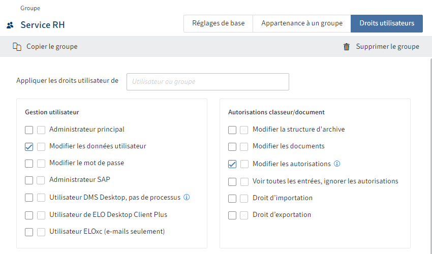 Aperçu des possibilités de configuration dans l'onglet 'Droits utilisateurs'