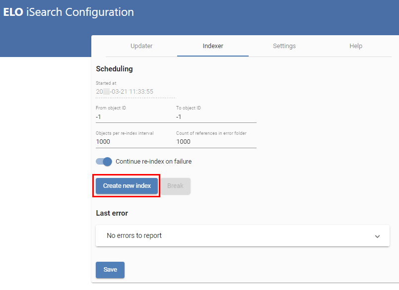 ELO iSearch Configuration; bouton 'Create new index'