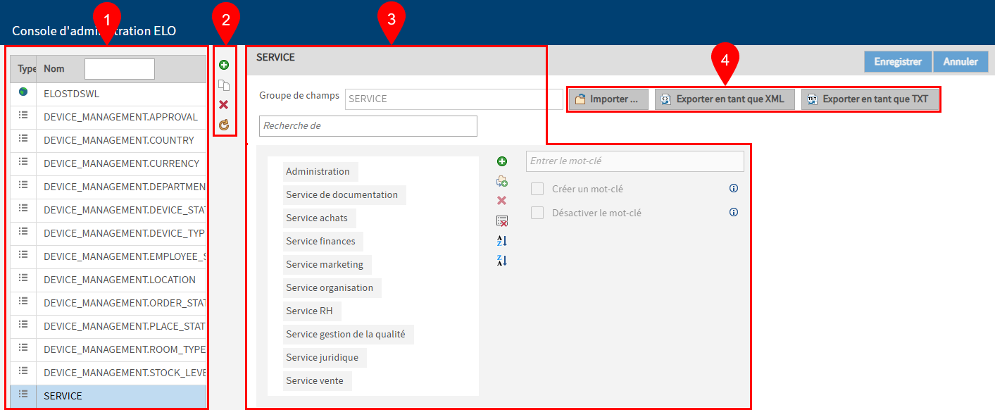 Section 'Listes de mots-clés'