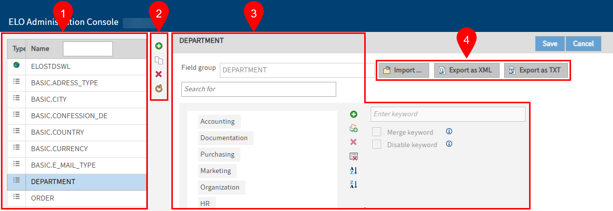'Keyword lists' area