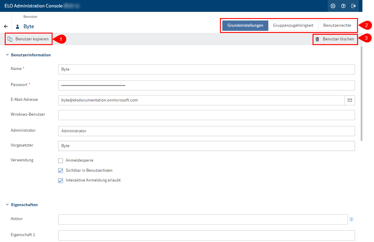 Detailansicht 'Benutzer' in der ELO Administration Console