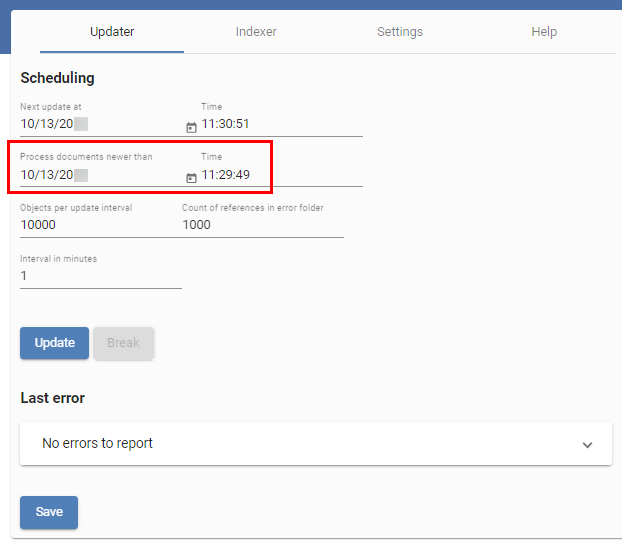 Configuration ELO iSearch; définition de la valeur 'Process documents newer than'