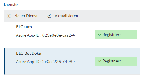 ELO Azure Administration; registrierte Dienste