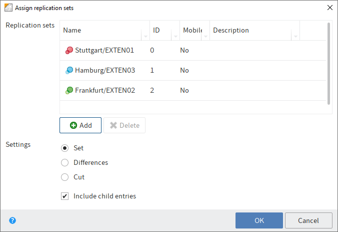 Transfer of replication sets to the selection list