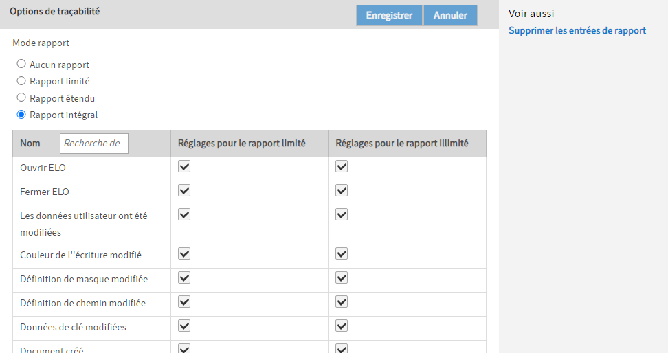 Point de menu 'Options de rapport'