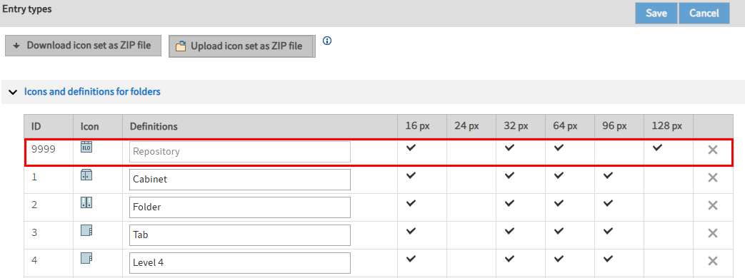 Settings for the icon for the top level