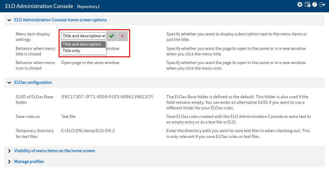 Setting in edit mode with opened drop-down menu