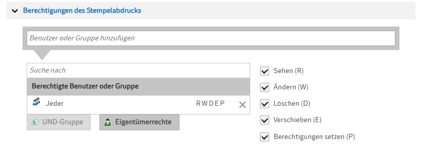 Menüpunkt 'Berechtigungen des Stempelabdrucks'