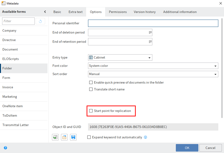 'Metadata' dialog box; 'Start point for replication' option