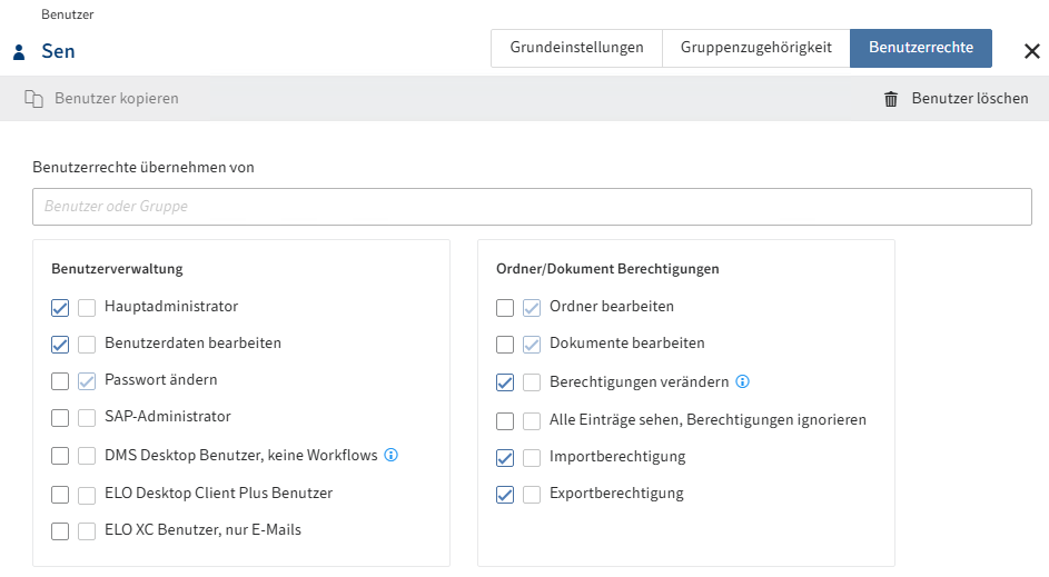 Übersicht der Konfigurationsmöglichkeiten im Tab 'Benutzerrechte'