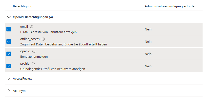 Berechtigungen 'email', 'offline_access', 'openid' und 'profile' hinzufügen