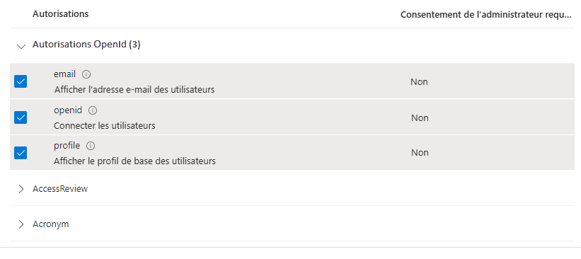 Ajouter les autorisations 'email', 'openid' et 'profile'