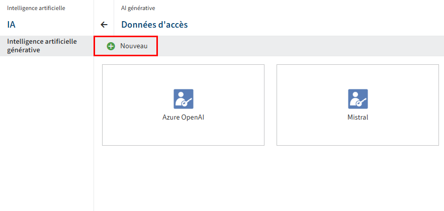 Point de menu 'Intelligence artificielle', section 'AI générative'; bouton 'Nouveau'
