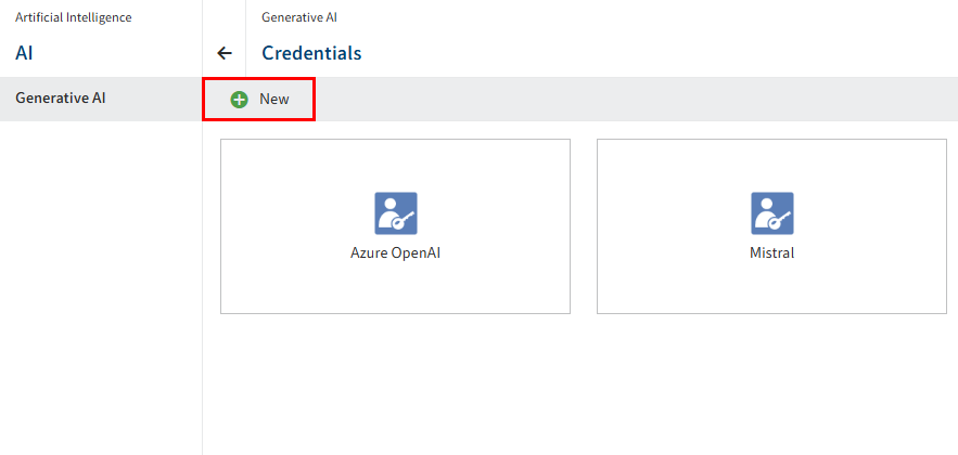 'Artificial intelligence' menu item; 'Generative AI' area; 'New' button