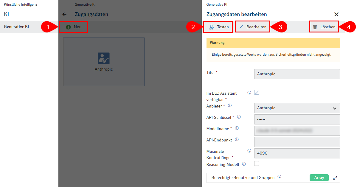 Menüpunkt 'Künstliche Intelligenz'; Bereich 'Generative KI'; Konfigurationsbereich für Zugangsdaten
