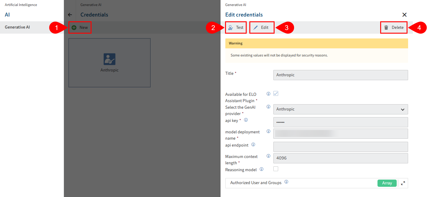 'Artificial intelligence' menu item; 'Generative AI' area; configuration area for credentials