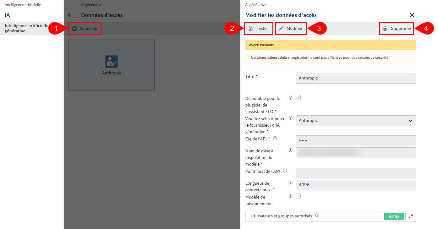 Point de menu 'Intelligence artificielle', section 'AI générative'; section de configuration pour les données d'accès