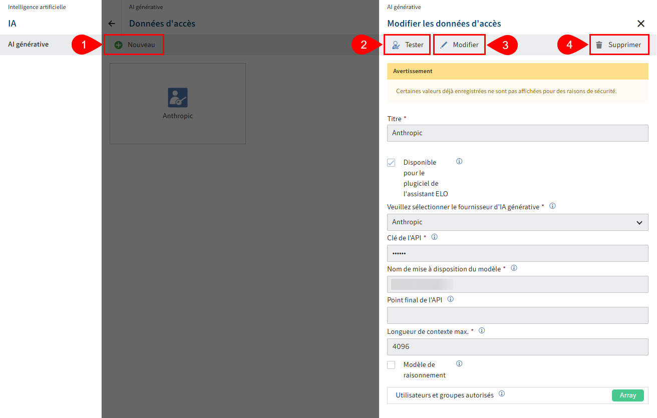 Point de menu 'Intelligence artificielle', section 'AI générative'; section de configuration pour les données d'accès