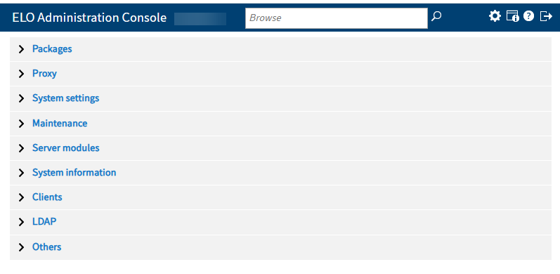 Menu area; Collapsed ELO Administration Console menu items